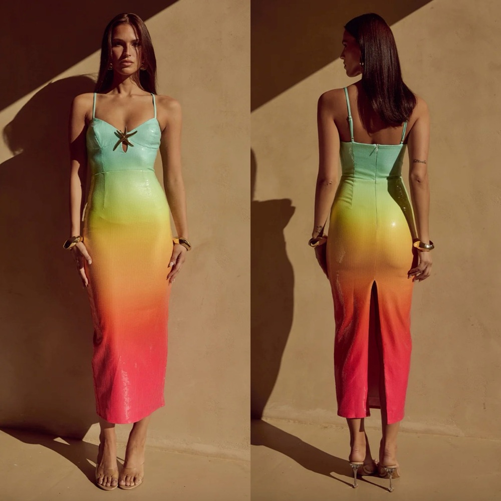 Ibiza Rainbow Ombre Sequin Midi Dress - Picture 4 of 8